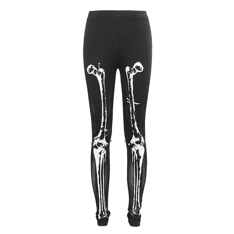 Gothic black leggings for women featuring a striking skeleton pattern, perfect for stylish steampunk casual wear.