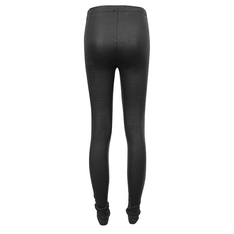 Back view of women's gothic black leggings, form-fitting design, perfect for casual steampunk style.