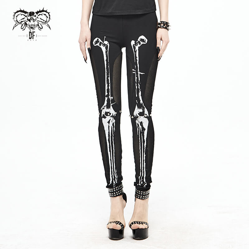 Trendy women's gothic black leggings featuring a striking skeleton pattern with a form-fitting silhouette.