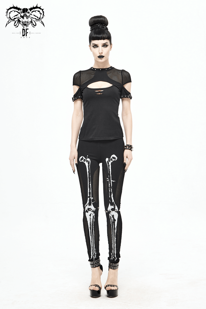 Gothic women's black leggings with skeleton pattern, paired with a stylish black top, for a trendy steampunk look.