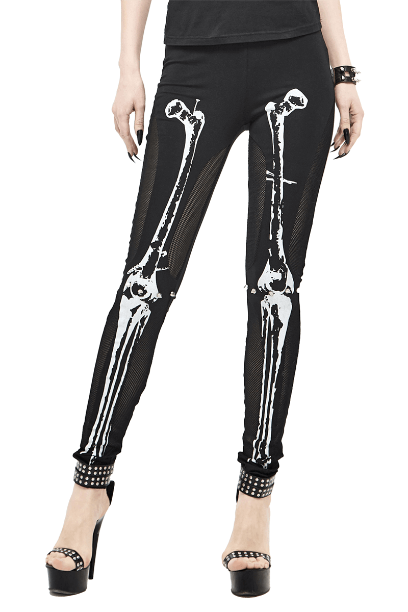 Gothic Black Leggings With Skeleton Pattern For Women / Steampunk Casual Cotton Pants - HARD'N'HEAVY