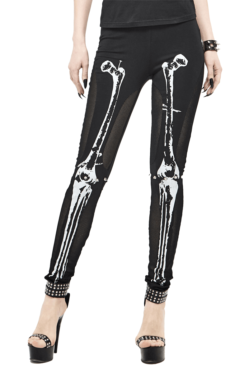 Gothic black leggings for women featuring a skeleton pattern, perfect for steampunk casual fashion.