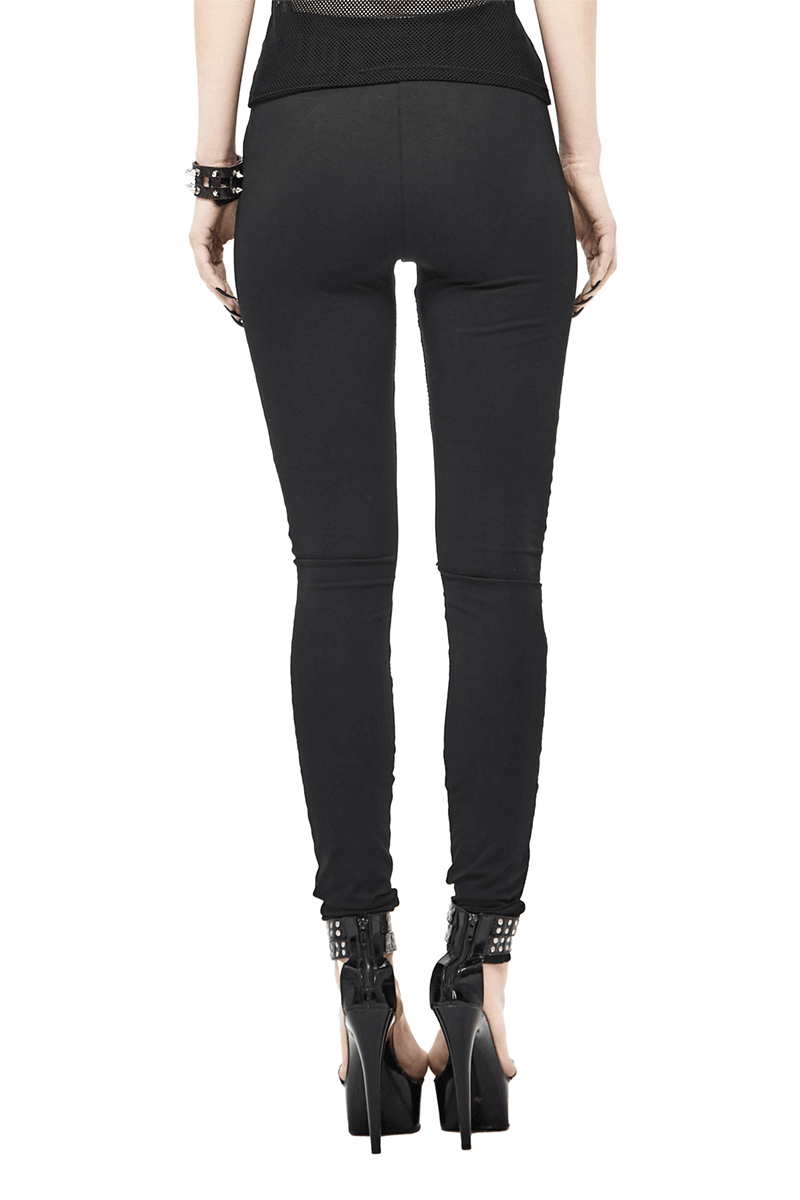 Gothic black leggings with skeleton pattern, shown from the back, paired with stylish black heels.