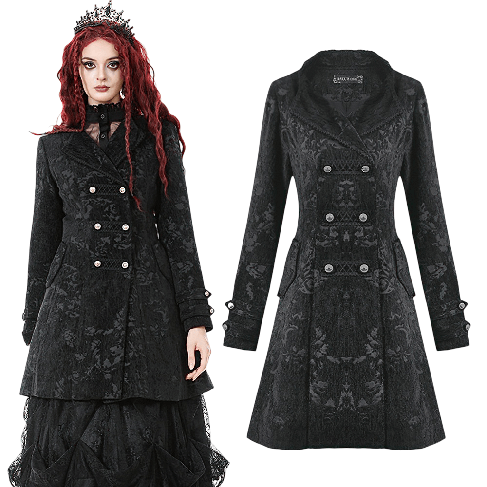 Gothic Black Long Coat with Silver Buttons for Women featuring intricate jacquard and lace trim details.