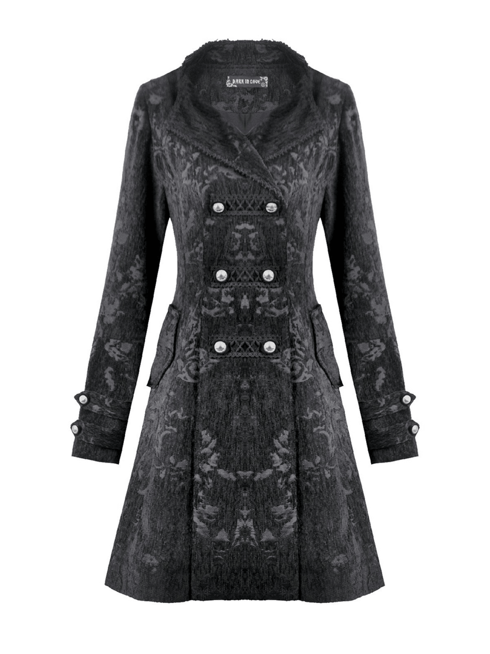 Gothic Black Long Coat with Silver Buttons for Women featuring brocade design and lace trim details.