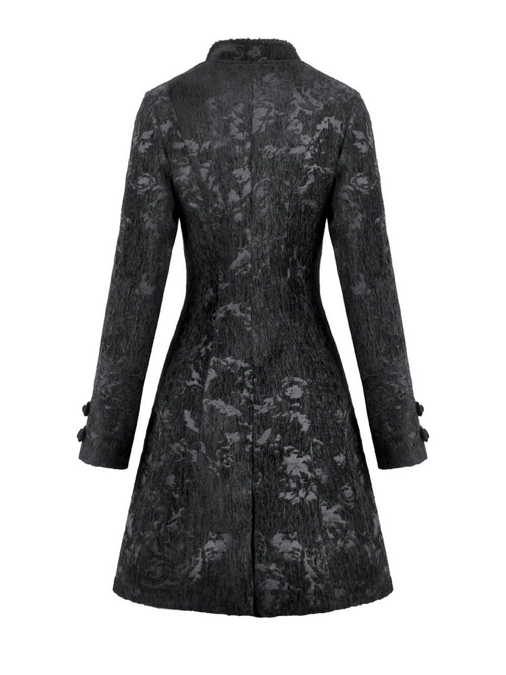 Gothic Black Long Coat with Silver Buttons for Women, back view showcasing intricate lace details and elegant silhouette.