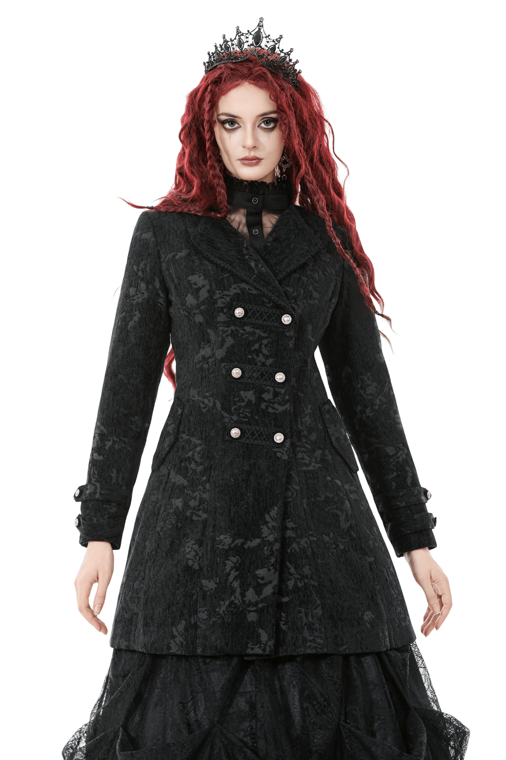 Gothic Black Long Coat with Silver Buttons for Women worn by model with red hair and crown, intricate black design.