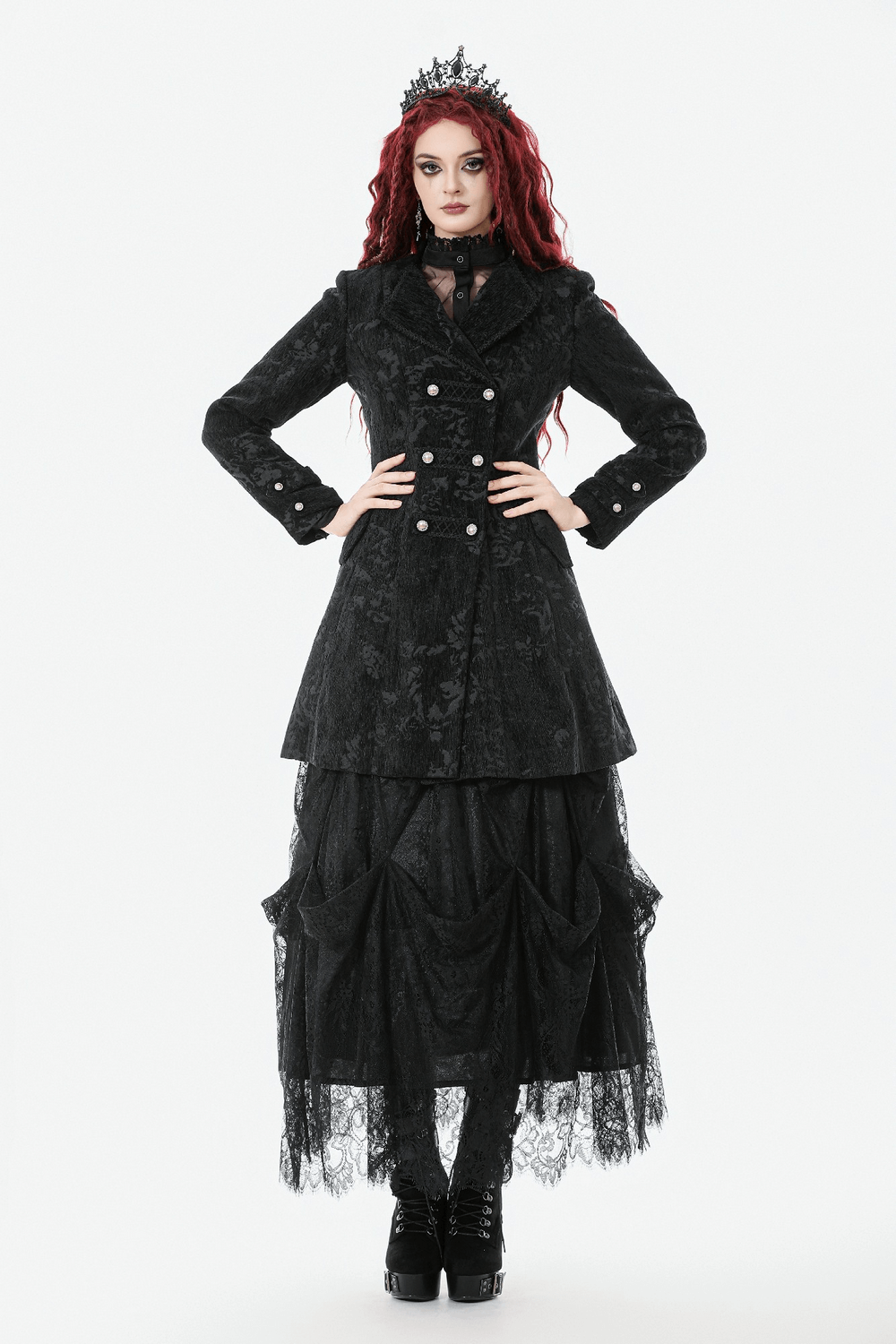 Gothic Black Long Coat with Silver Buttons for Women, featuring lace trim and an elegant Victorian silhouette.