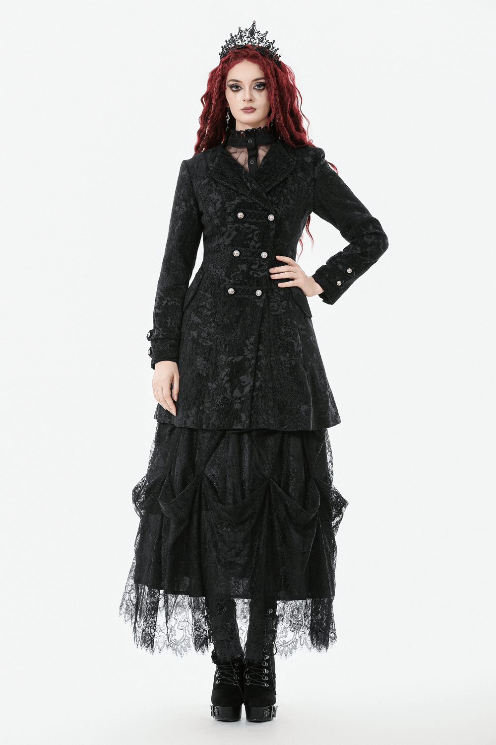 Gothic Black Long Coat with Silver Buttons for Women worn by model, showcasing elegant Victorian-inspired design.