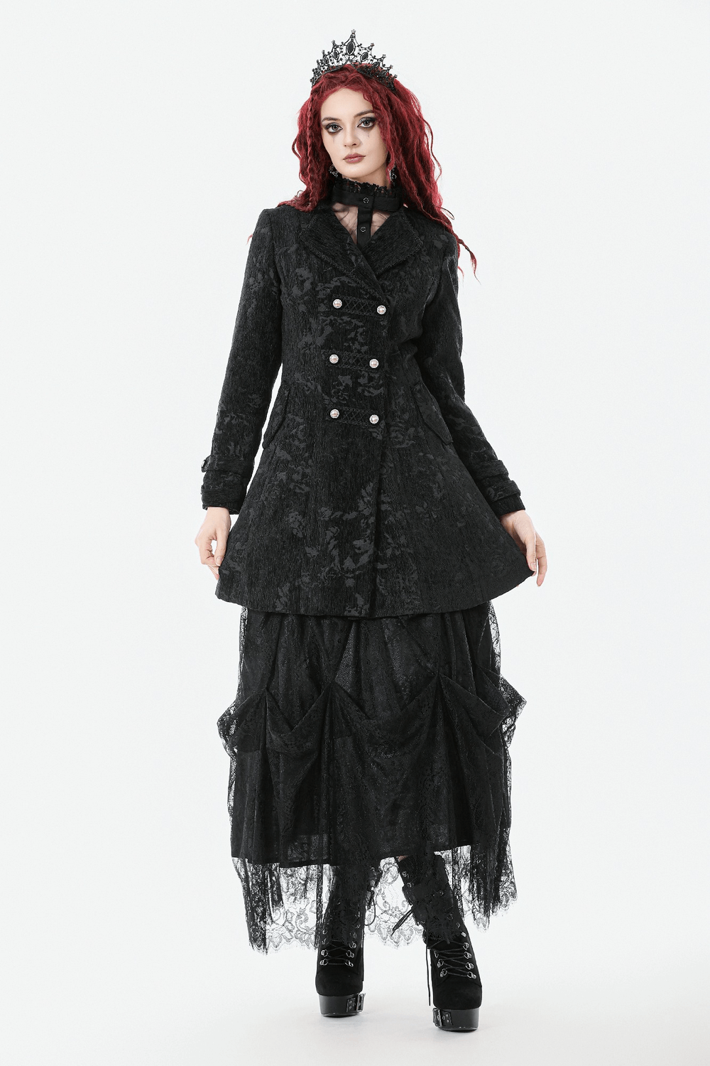 Gothic Black Long Coat with Silver Buttons for Women worn by model with red hair, lace trim, and structured shoulders.