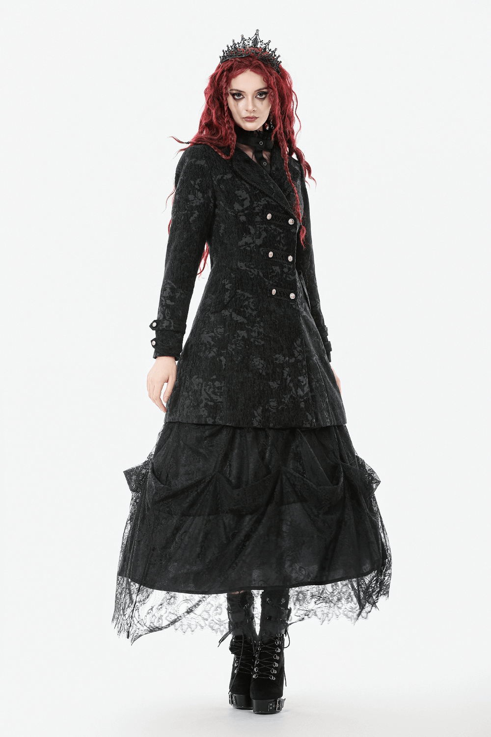 Gothic Black Long Coat with Silver Buttons for Women worn by a model with red hair and crown, showcasing Victorian design.