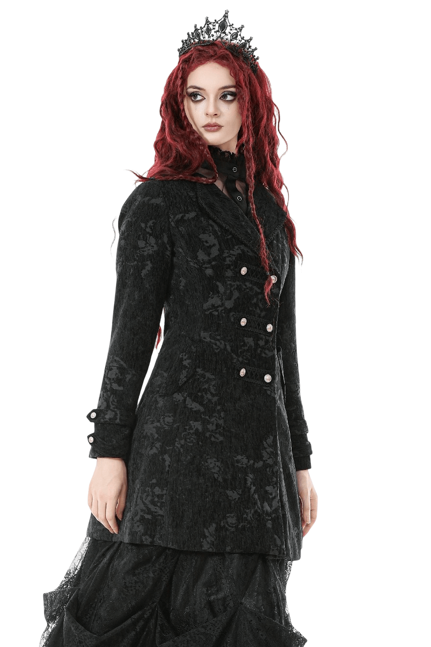 Gothic Black Long Coat with Silver Buttons for Women, featuring intricate jacquard design and elegant lace trim.