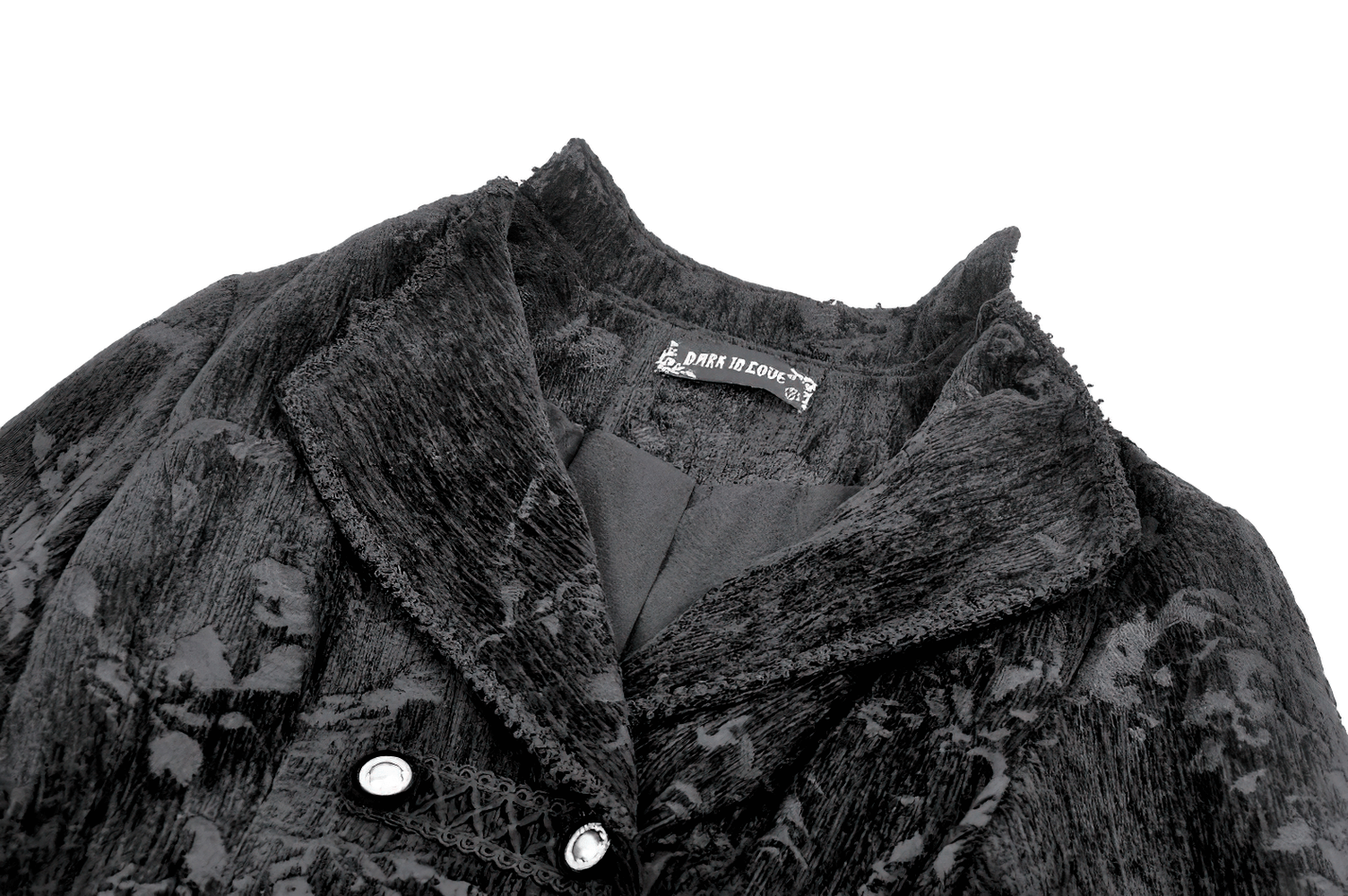 Gothic Black Long Coat with Silver Buttons for Women showcasing intricate black jacquard pattern and elegant lace trim.