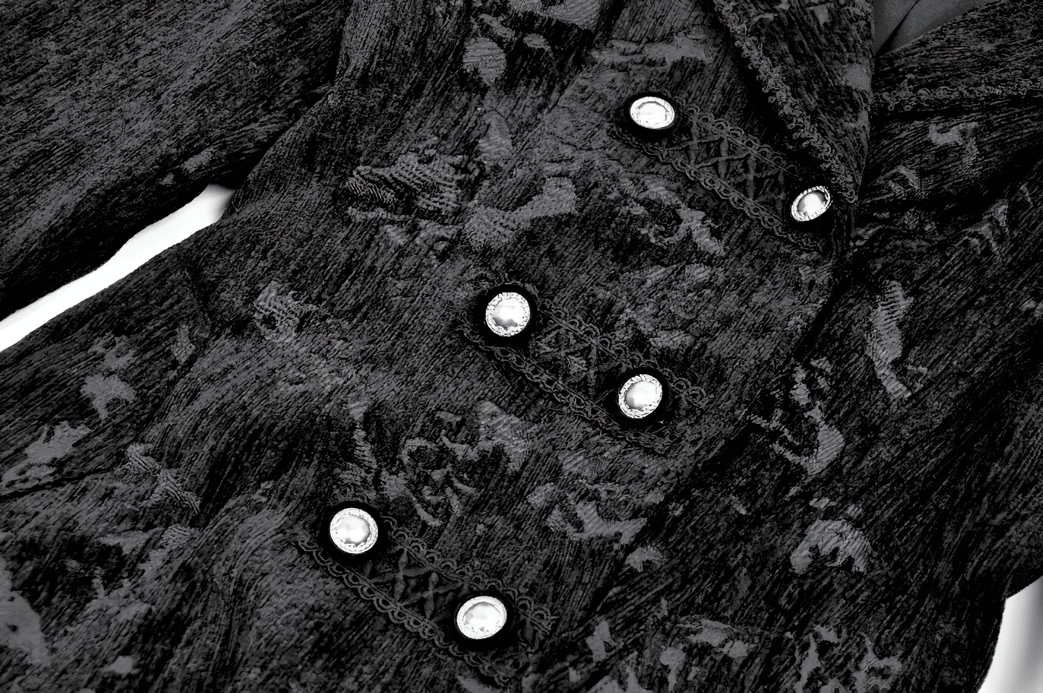 Gothic Black Long Coat with Silver Buttons for Women featuring intricate black jacquard and ornate silver buttons.