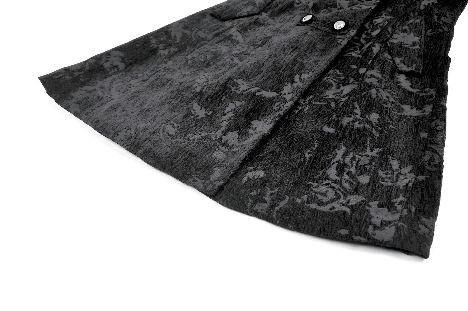 Gothic Black Long Coat with Silver Buttons for Women featuring intricate jacquard pattern and elegant design.