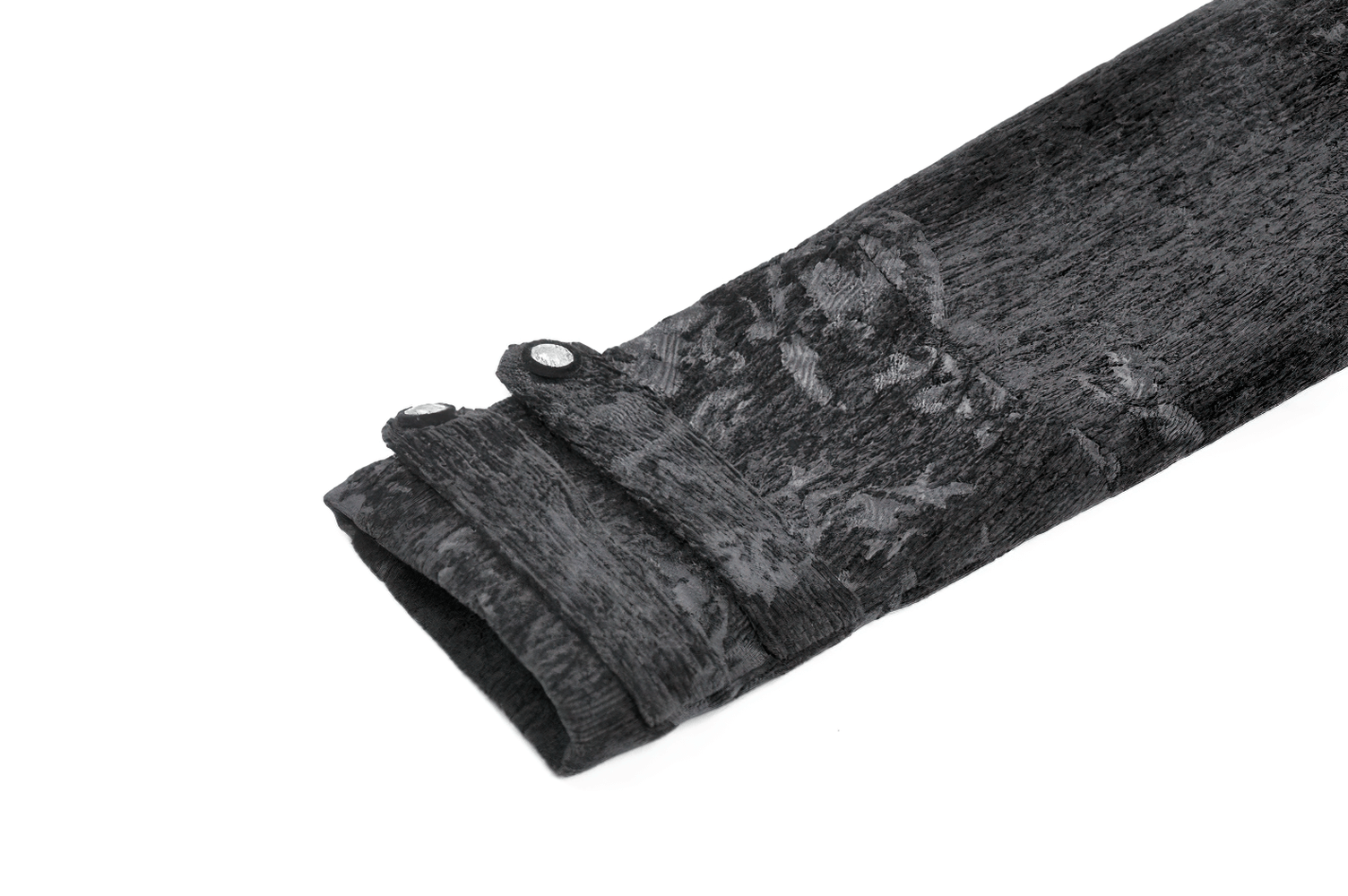 Gothic Black Long Coat with Silver Buttons for Women close-up of intricate black jacquard sleeve and silver button detail.