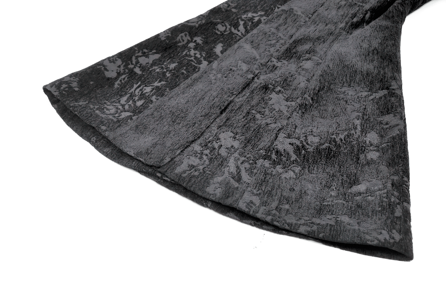 Gothic Black Long Coat with Silver Buttons for Women featuring intricate black jacquard pattern.