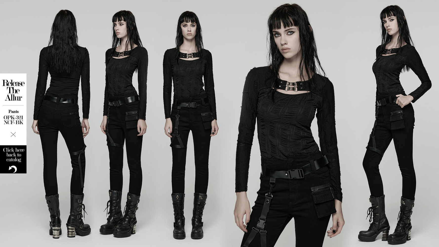 Gothic Black Long Sleeve Top with Buckle Chest Detail on model showcasing sleek punk style with textured knit fabric.