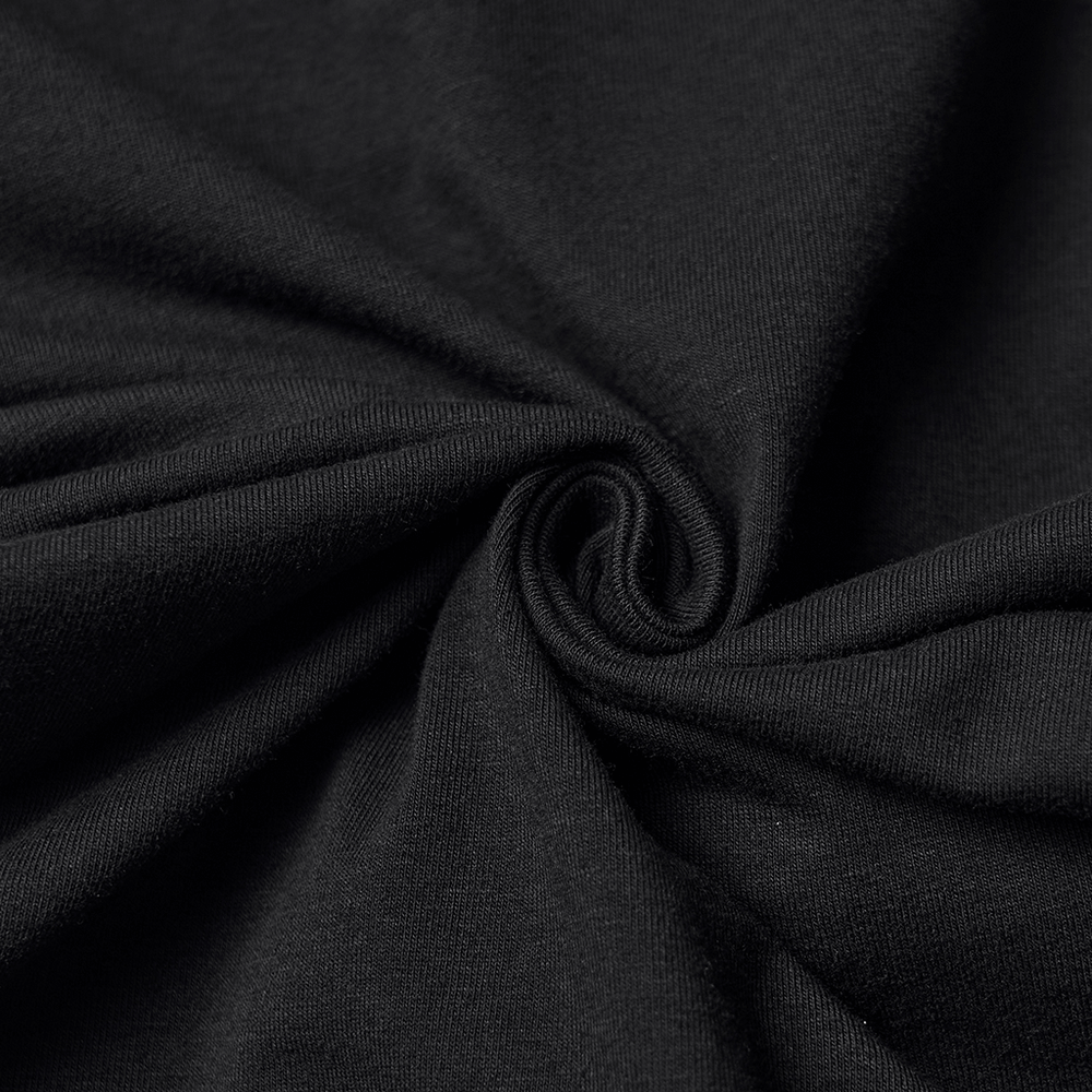 Gothic Black Long Sleeve Top with Buckle Chest Detail textured knit fabric close-up, showcasing its sleek black material.