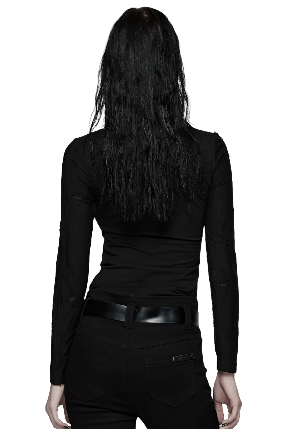 Gothic Black Long Sleeve Top with Buckle Chest Detail worn from behind, showcasing the sleek silhouette and stylish back.