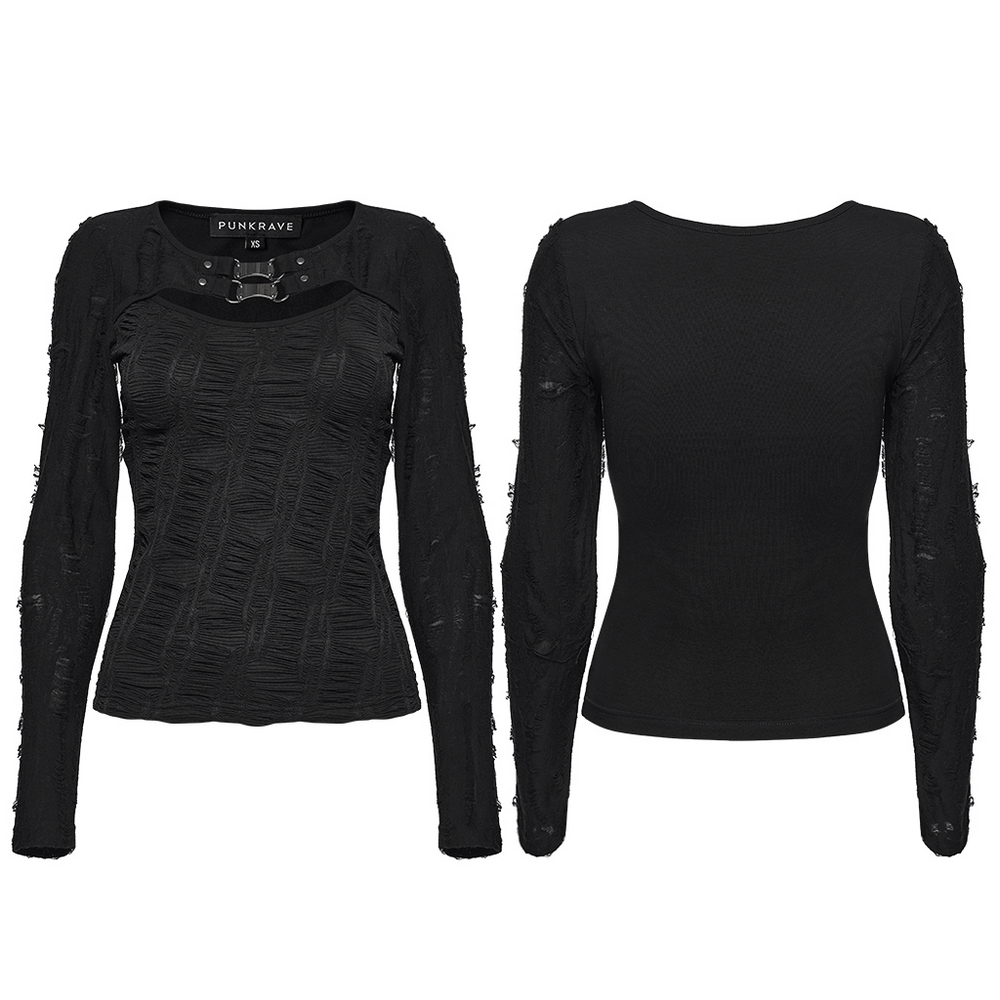 Gothic Black Long Sleeve Top with Buckle Chest Detail featuring textured knit and punk-inspired design.