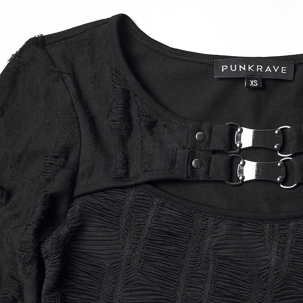 Gothic Black Long Sleeve Top with Buckle Chest Detail, featuring textured knit and buckle accents for a punk-inspired look.