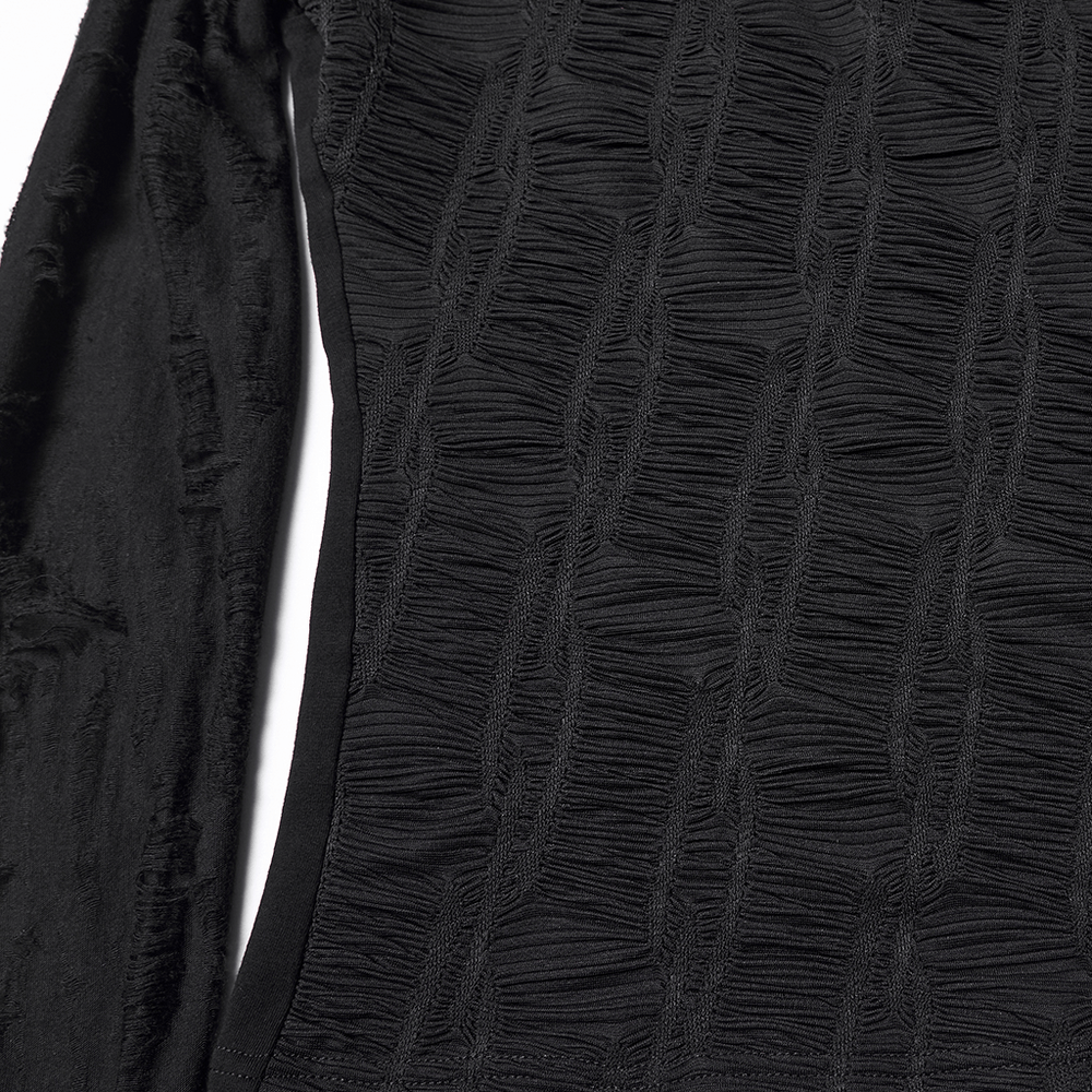 Gothic Black Long Sleeve Top with Buckle Chest Detail featuring a textured knit fabric close-up.