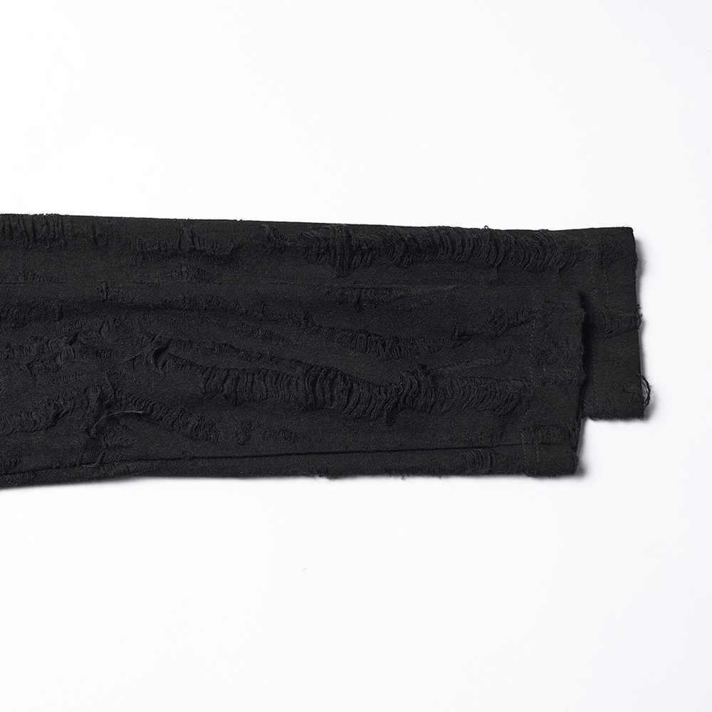 Gothic Black Long Sleeve Top with Buckle Chest Detail fabric swatch featuring textured knit design.