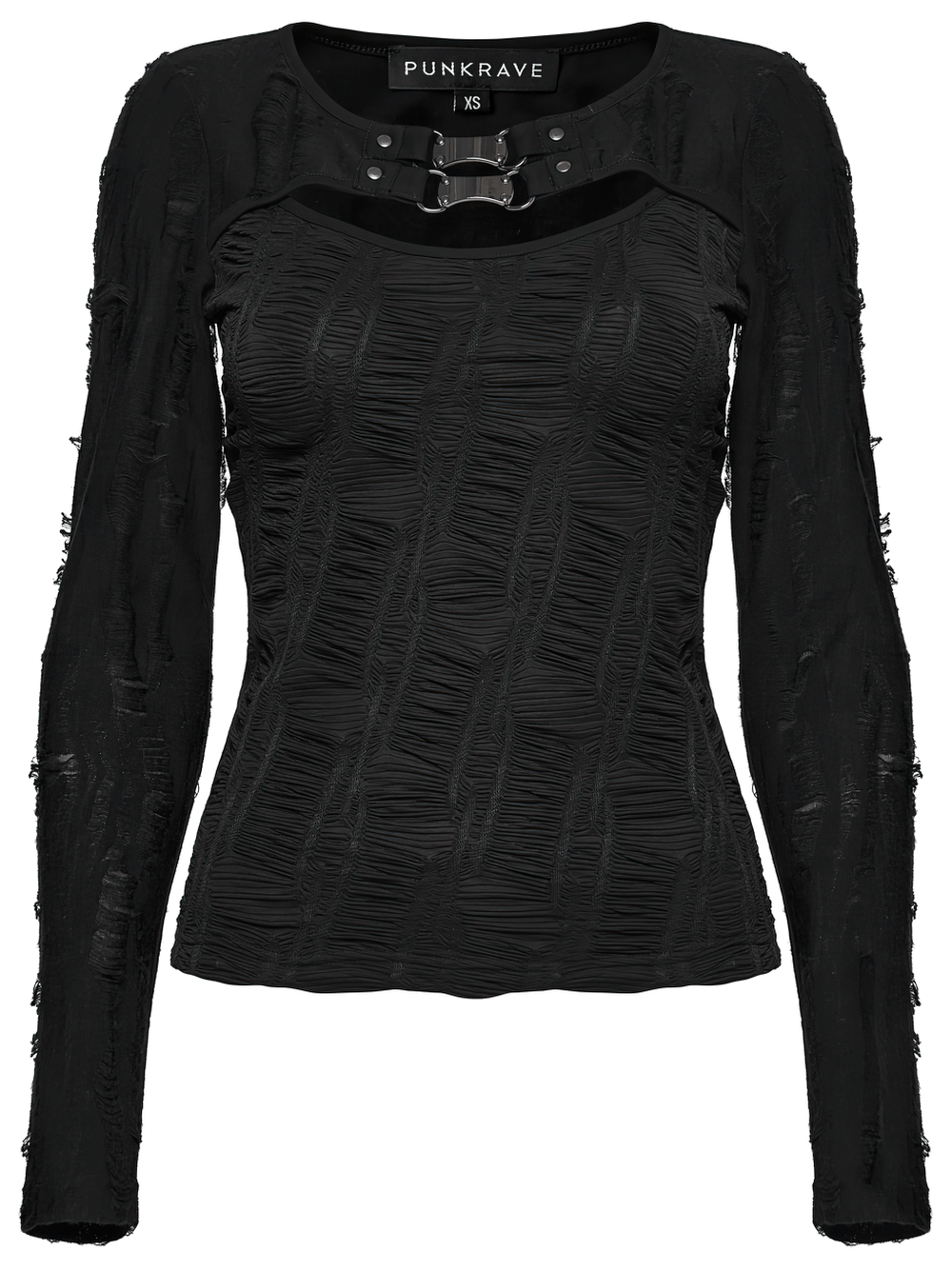 Gothic Black Long Sleeve Top with Buckle Chest Detail featuring textured knit and punk style.