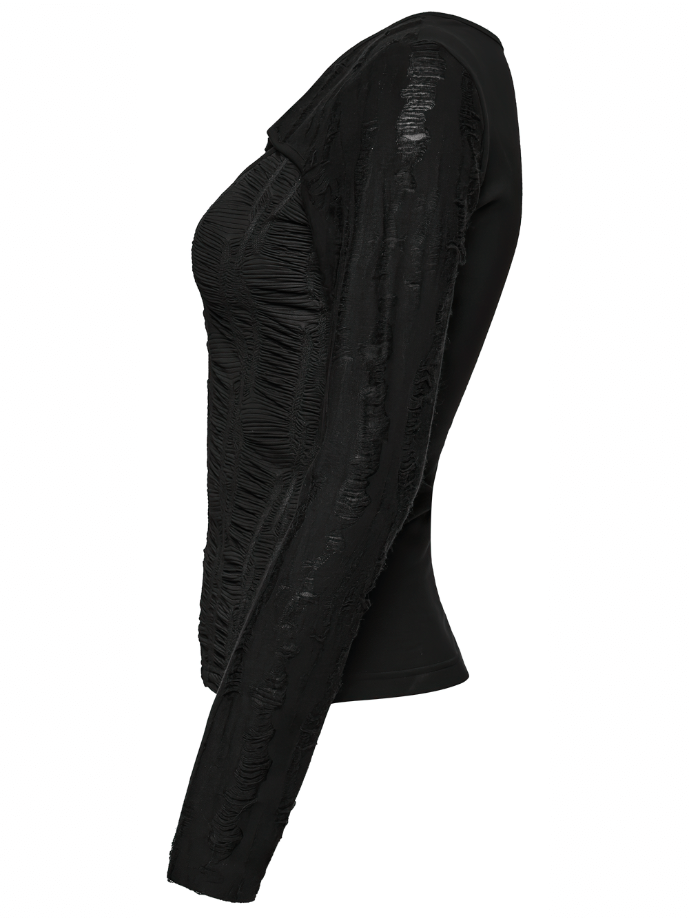 Gothic Black Long Sleeve Top with Buckle Chest Detail side view showcasing textured knit and fitted silhouette.