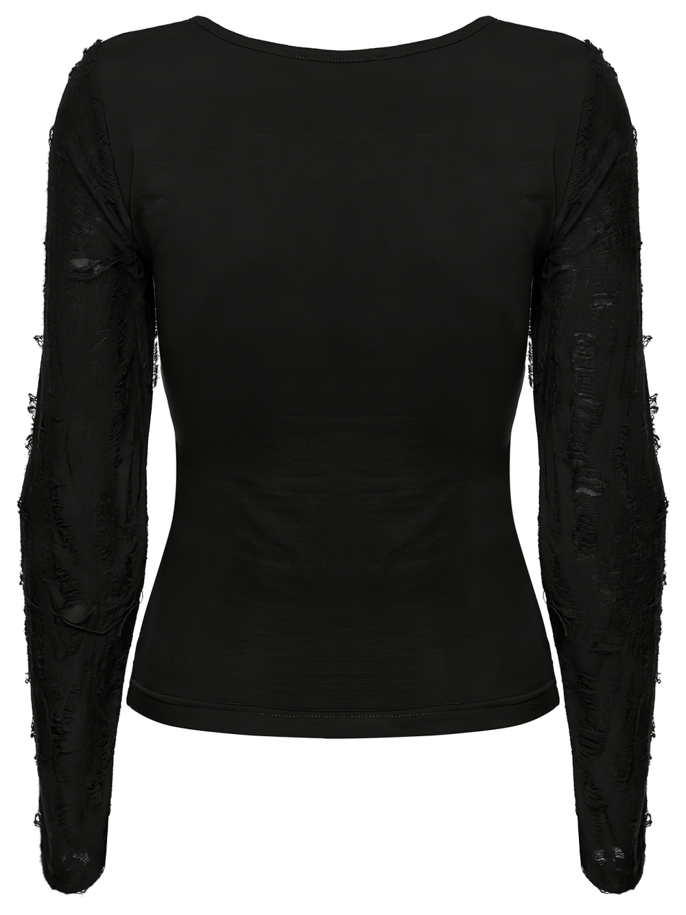 Gothic Black Long Sleeve Top with Buckle Chest Detail, showcasing a distinctive back design with textured sleeves.