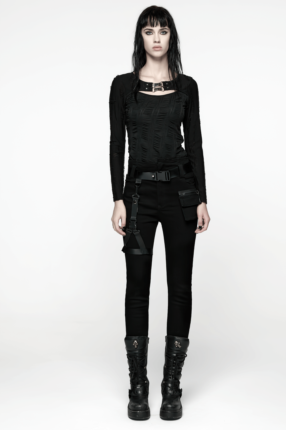 Gothic Black Long Sleeve Top with Buckle Chest Detail styled with punk pants and gothic boots.
