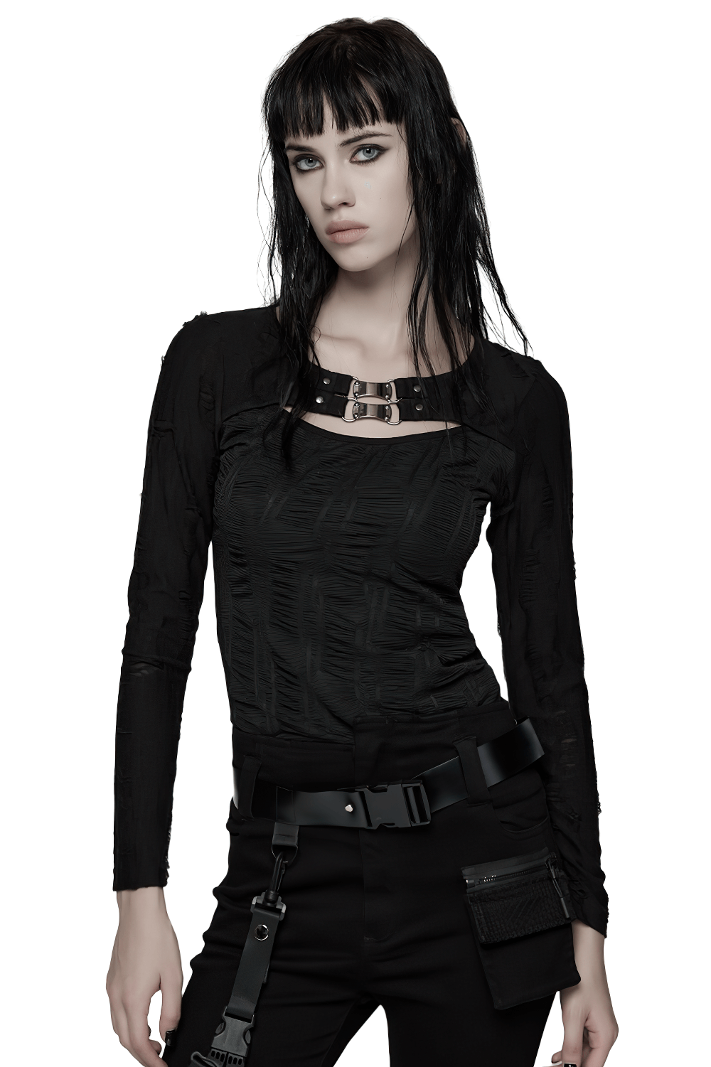 Gothic Black Long Sleeve Top with Buckle Chest Detail worn by a model exuding punk style and edgy fashion.