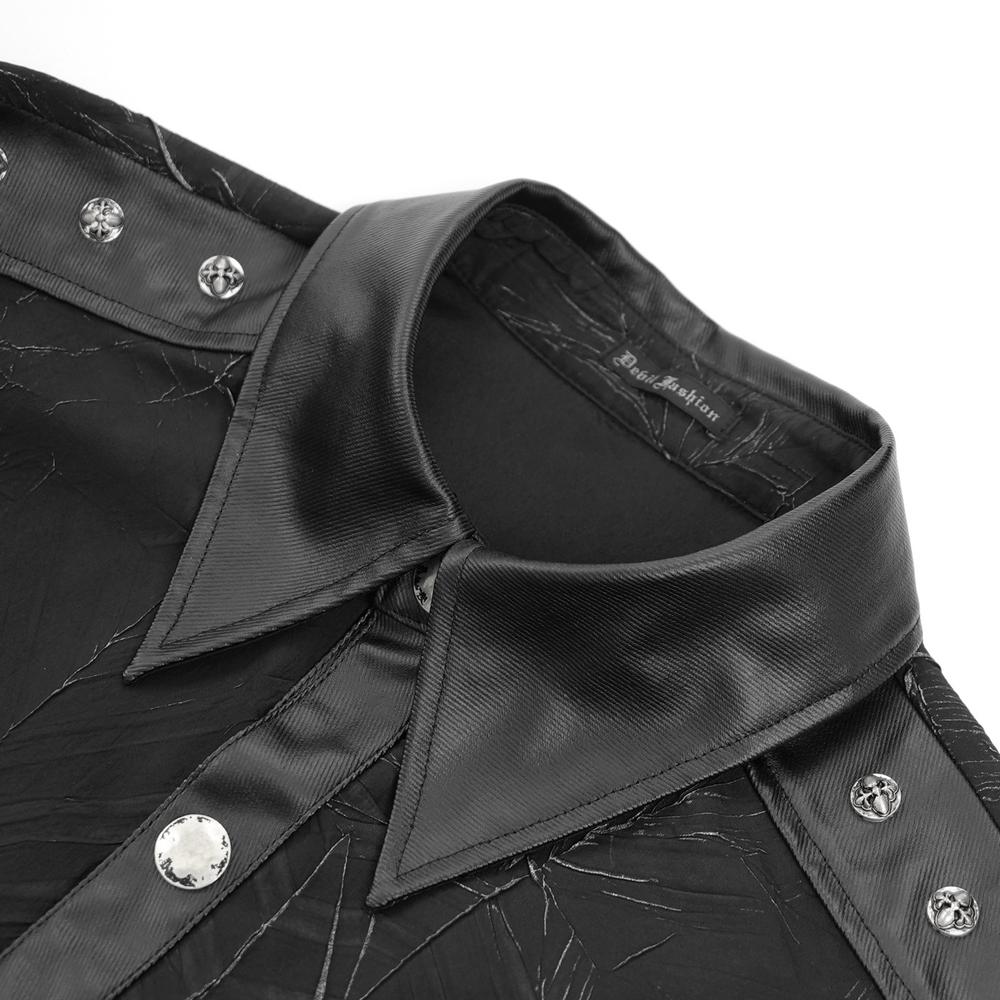 Close-up of Gothic black long-sleeved shirt collar with leather accents and shiny button details.