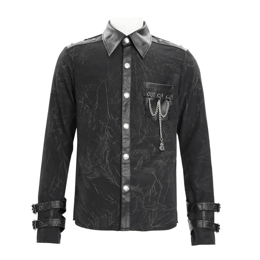 Gothic black long-sleeved shirt with leather accents, chains, and adjustable buckles for a punk rock vibe.