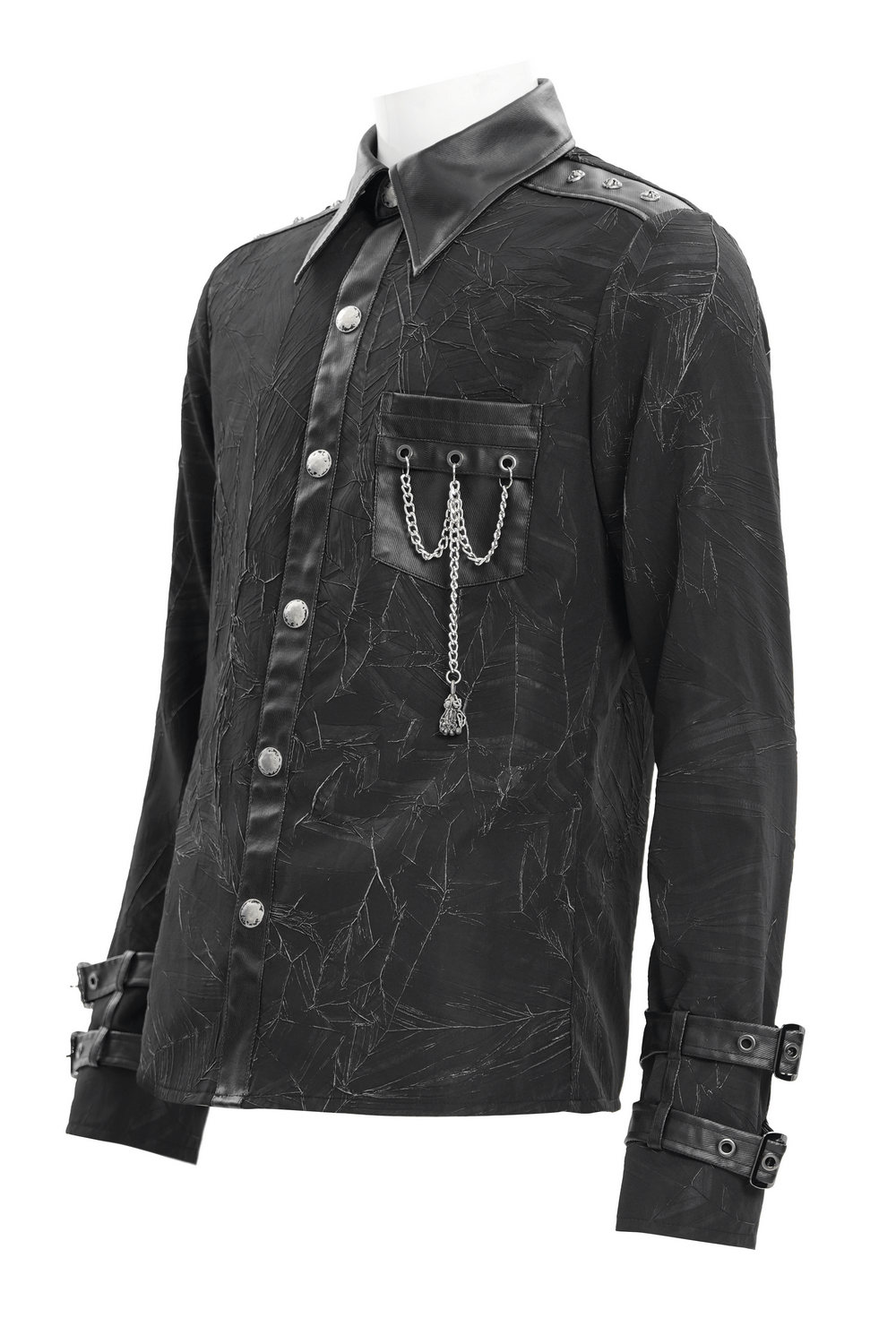 Gothic black long-sleeved shirt with chains, buckles, and leather accents for a punk rock style.