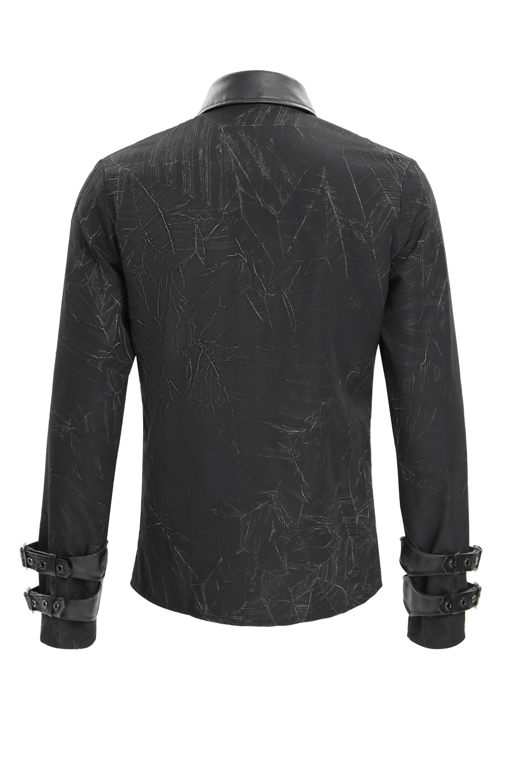 Back view of a gothic black long-sleeved shirt with leather collar, featuring adjustable buckle cuffs and unique textured design.