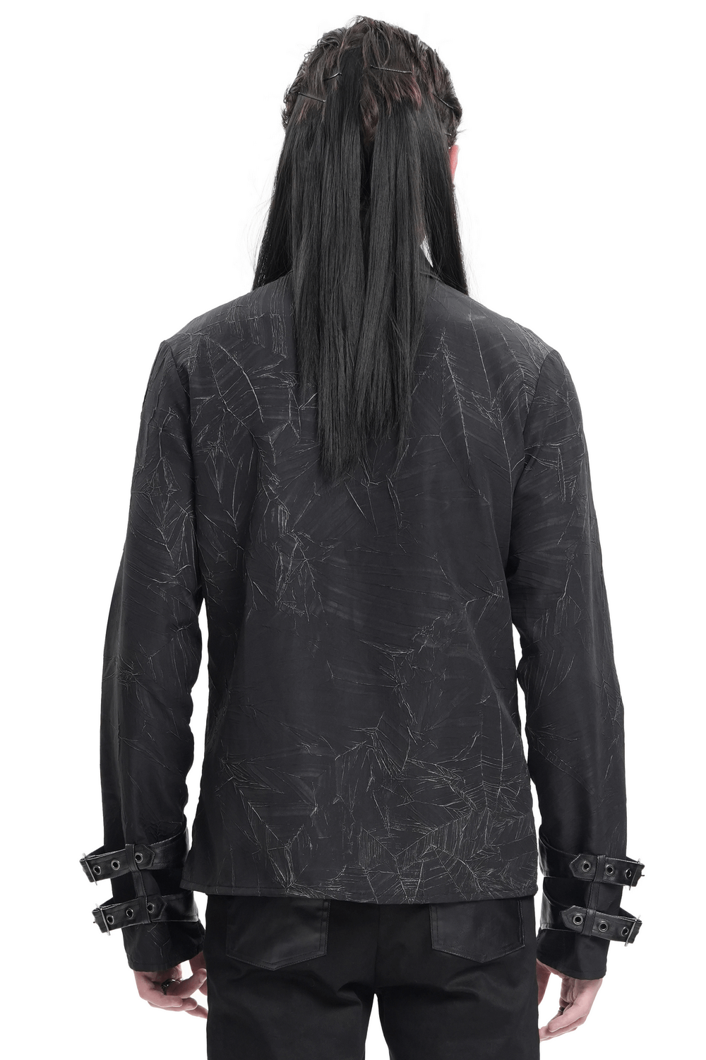 Rear view of a Gothic black long-sleeved shirt with textured fabric and buckle cuffs, perfect for a punk rock style.