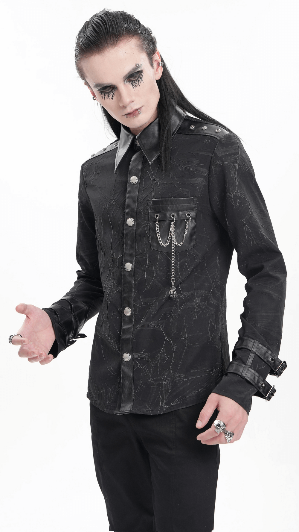 Gothic black long-sleeved shirt with chains, buckles, and leather accents for a punk rock style.