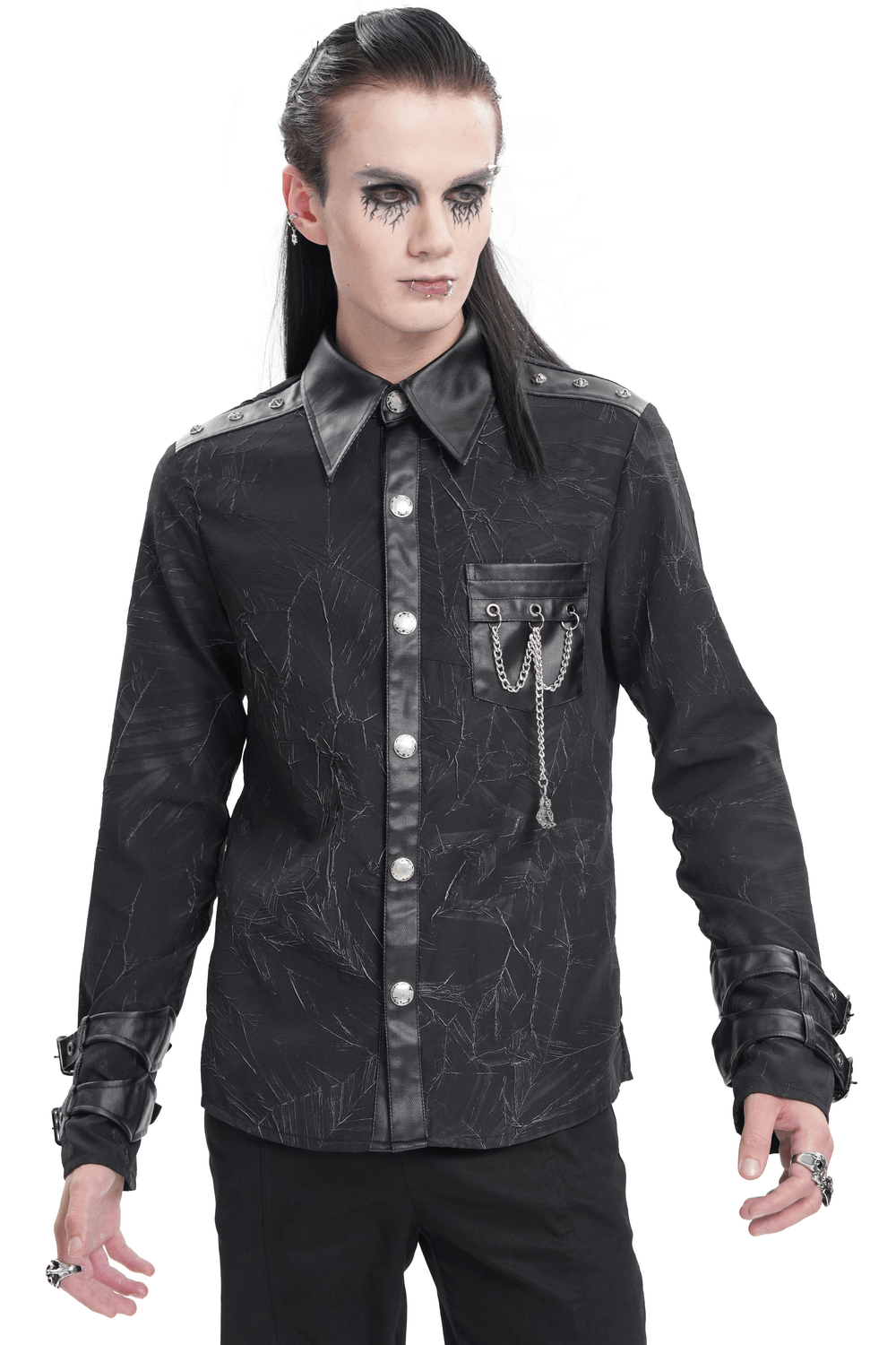 Gothic black long-sleeved shirt with leather accents, chains, and buckles, styled for a punk rock look.