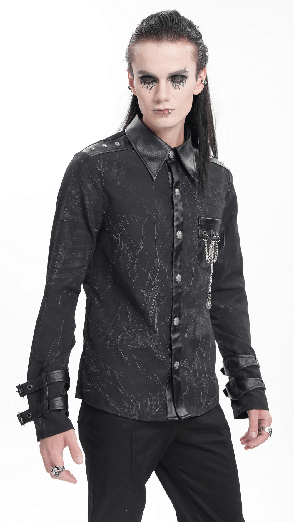 Gothic black long-sleeved shirt with chains and buckles, perfect for a punk rock style statement.