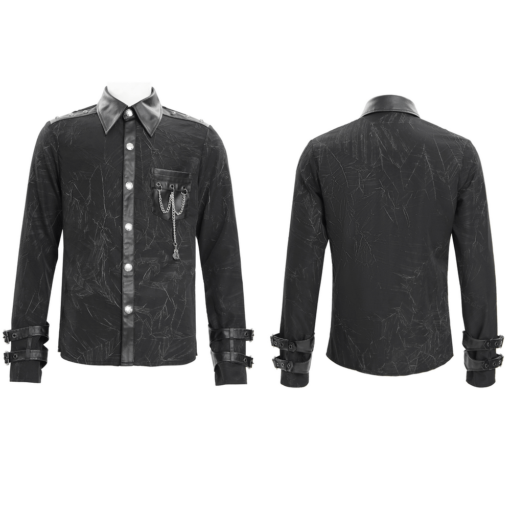 Gothic black long-sleeved shirt with chains, buckles, and leather accents for a punk rock style.