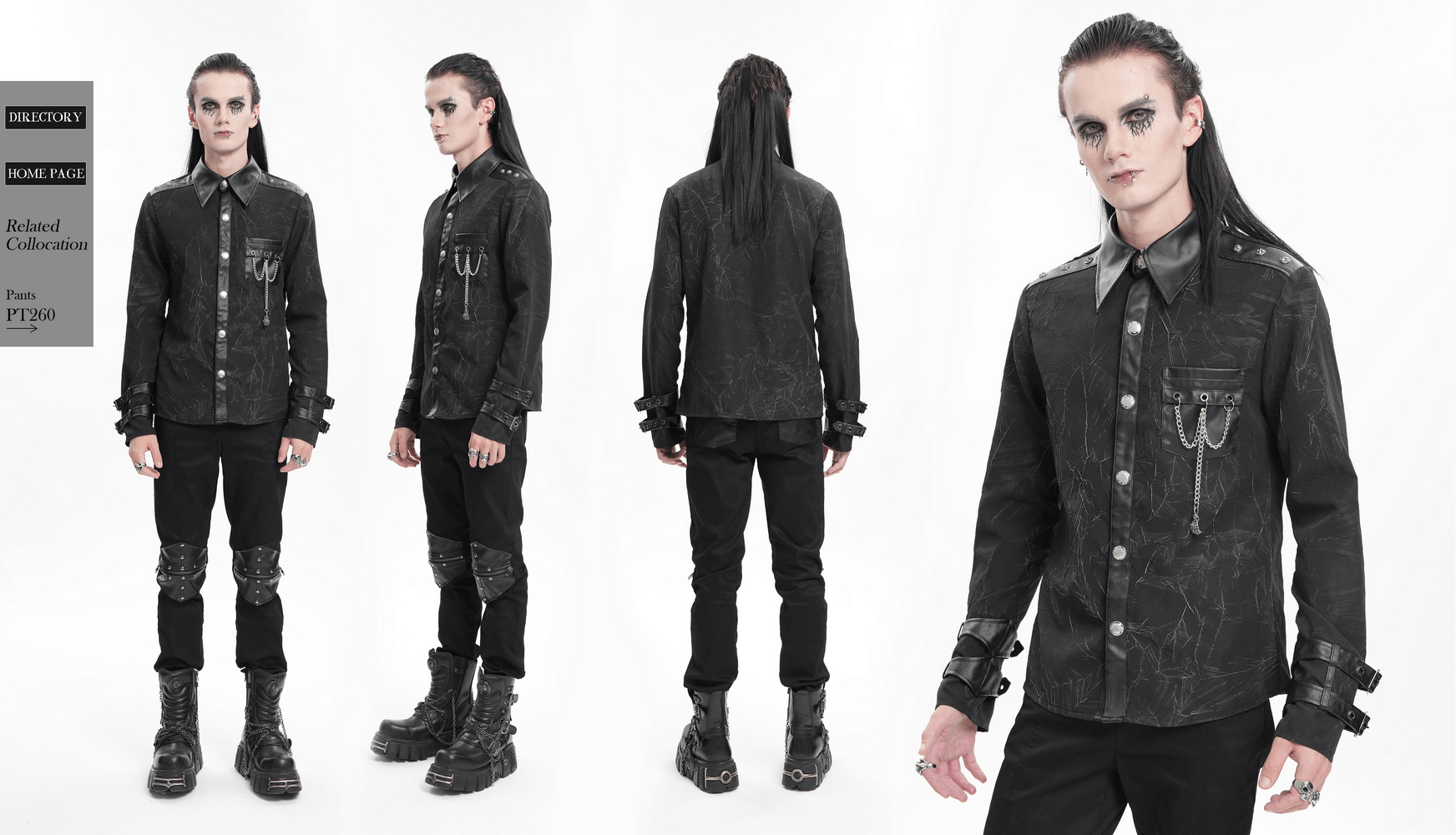 Gothic black long-sleeved shirt with chains and buckles, featuring leather accents, perfect for a punk rock aesthetic.