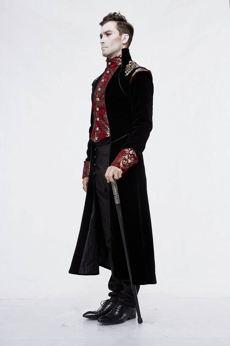Gothic black long tail coat for men with vintage pattern, stylish and luxurious, perfect for retro fashion lovers.