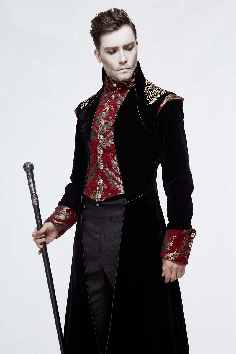 Gothic black long tail coat for men with vintage red patterned shirt and stylish cane, perfect for elegant gothic looks.