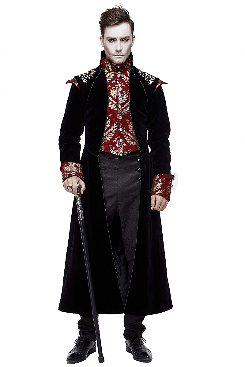 Gothic Black Long Tail Coat for Men / Male Coat with Vintage Pattern on Front - HARD'N'HEAVY