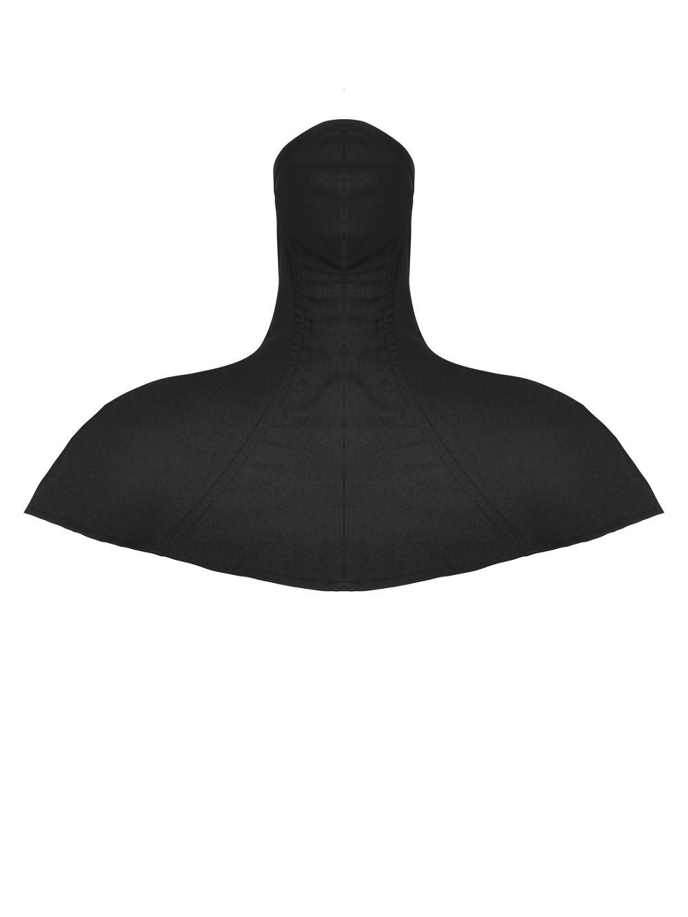 Gothic black masked hooded cape showcasing structured design, perfect for festivals and edgy streetwear.