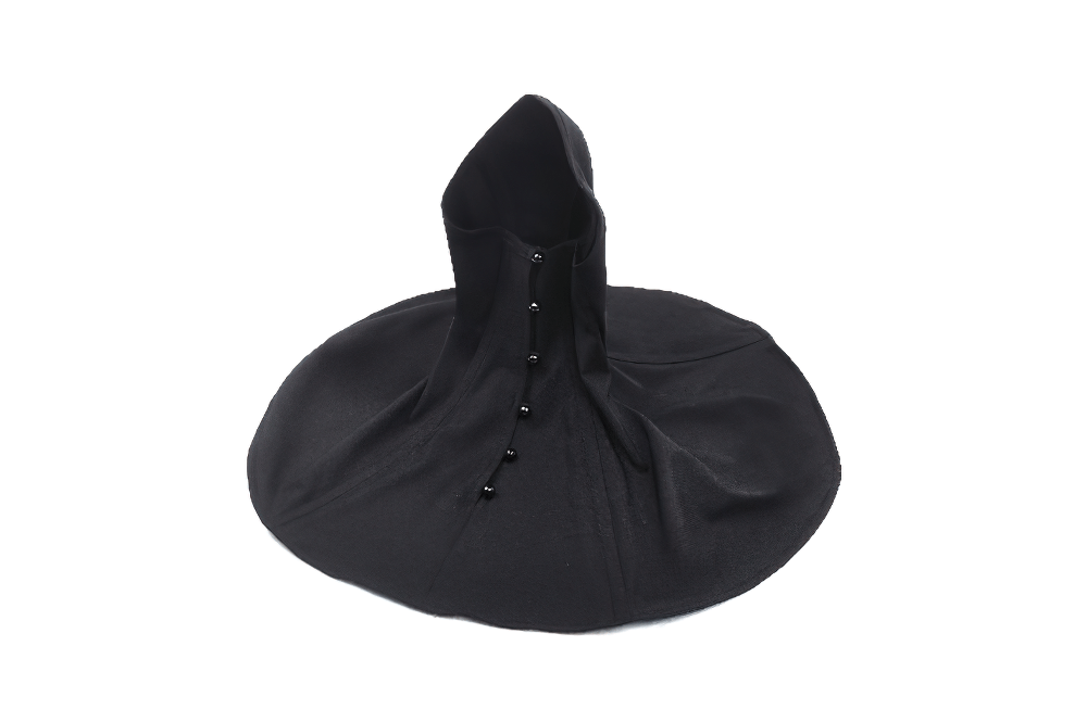 Gothic black masked hooded cape with structured neck and shoulder design for edgy style and versatility.