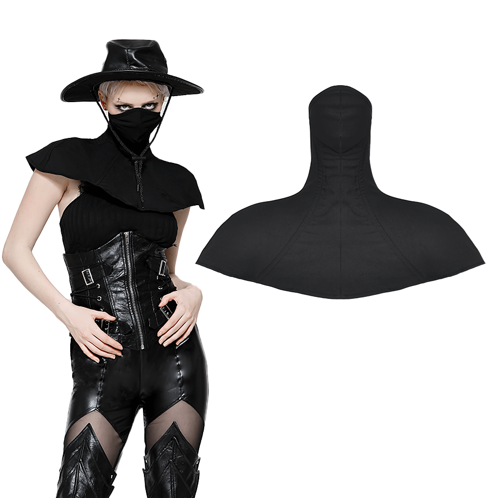 Gothic black masked hooded cape accessory worn with edgy outfit, showcasing structured design and dramatic silhouette.