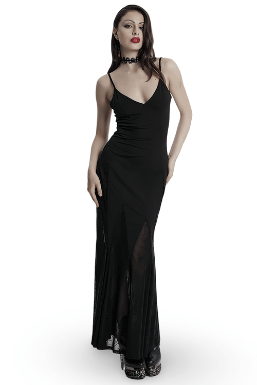 Vestido Maxi Negro Gótico con Espalda de Cordones y Paneles Transparentes